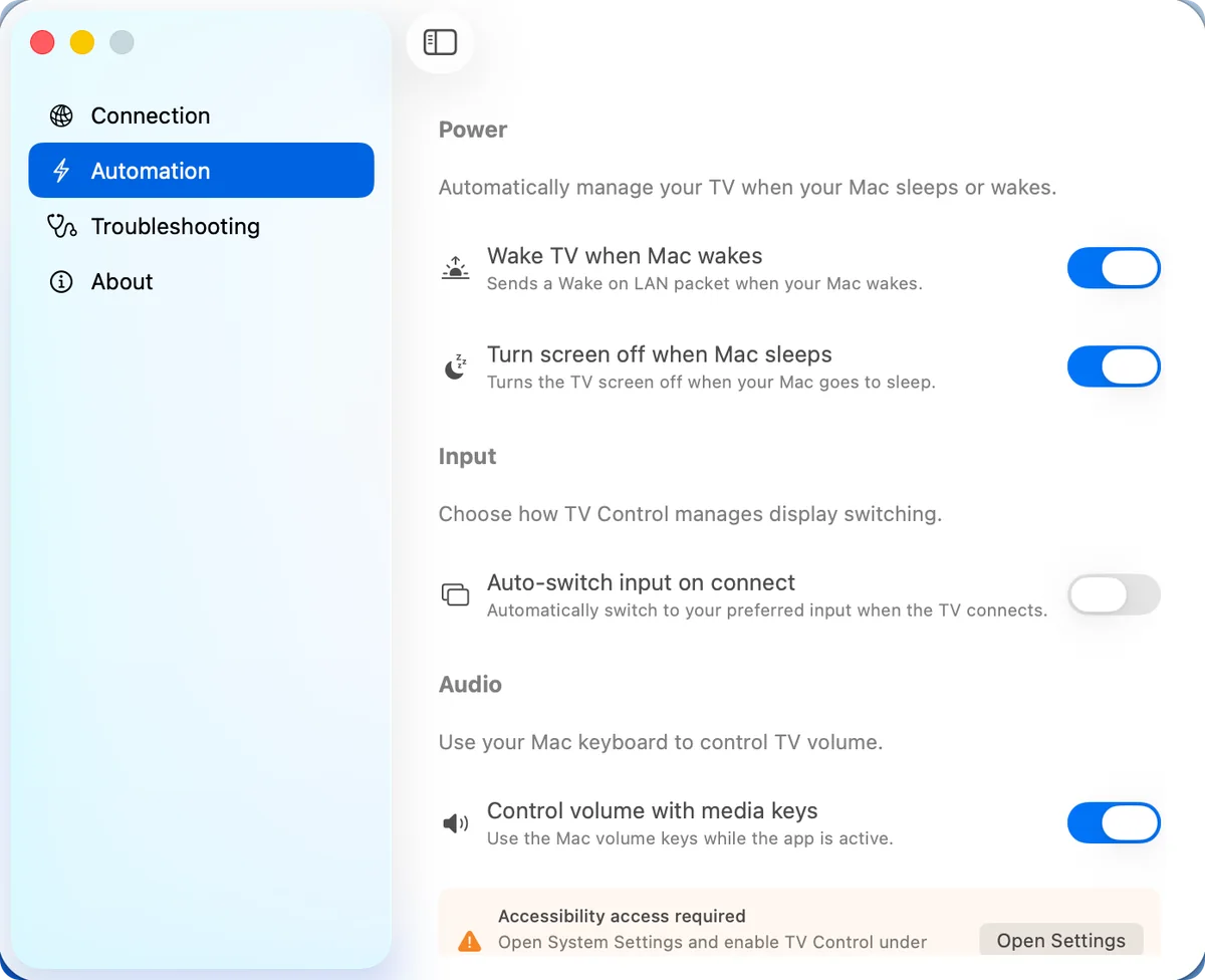 TVControl's Automation settings: wake the TV with the Mac, sleep it with the Mac, and media-key volume
