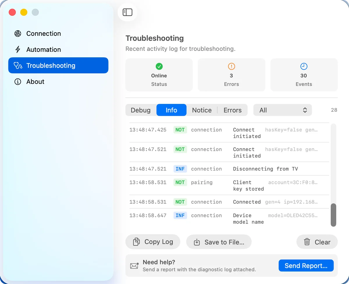 TVControl's Troubleshooting view with connection diagnostics