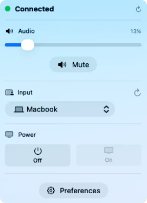The TVControl menu bar popover: connection status, volume, input and power