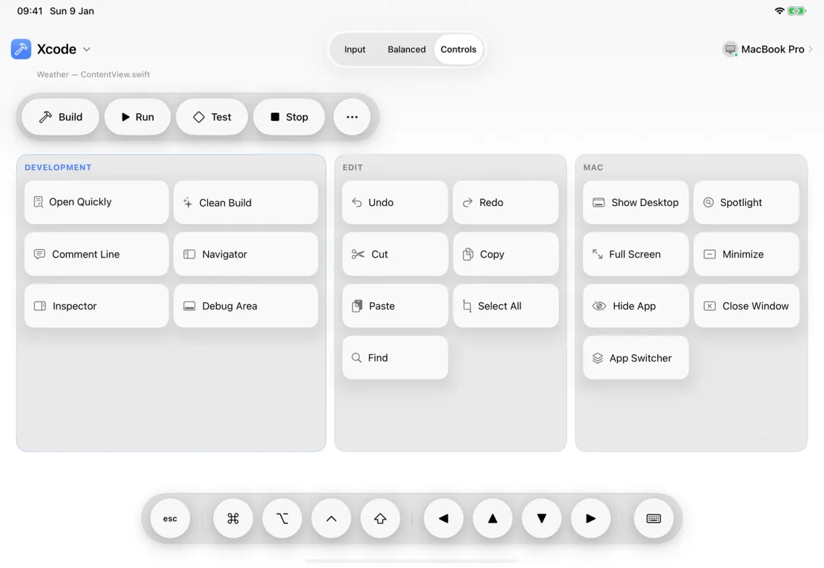 ControlPad on iPad in the Controls layout, showing Xcode's build, run and editing commands