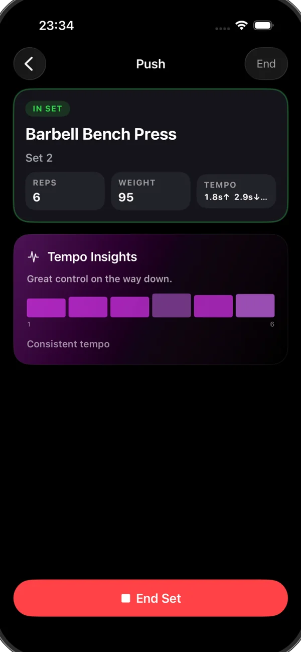 RepSense on iPhone during a set: reps, weight, tempo and tempo insights