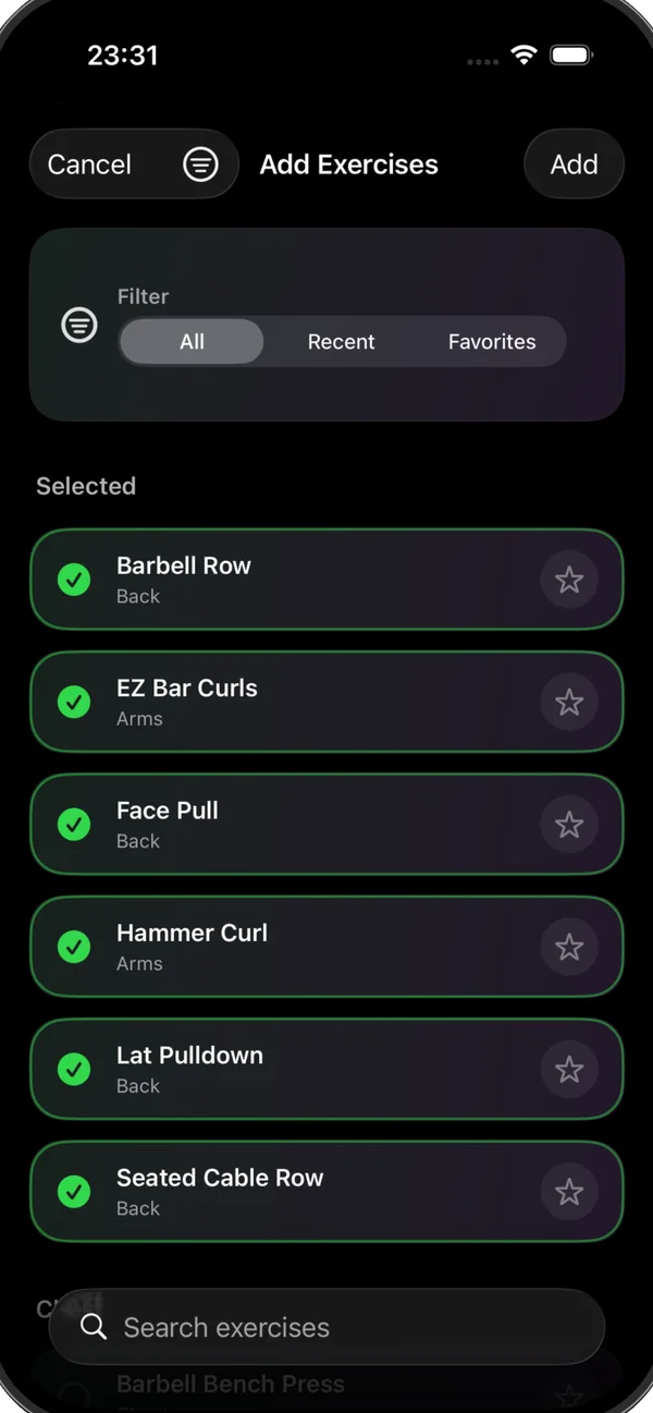 Adding exercises to a RepSense workout on iPhone