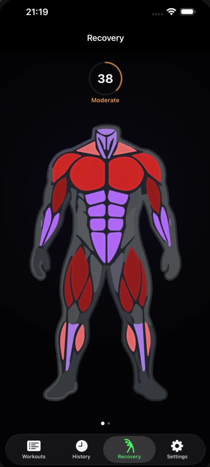 RepSense recovery view on iPhone with a muscle fatigue map